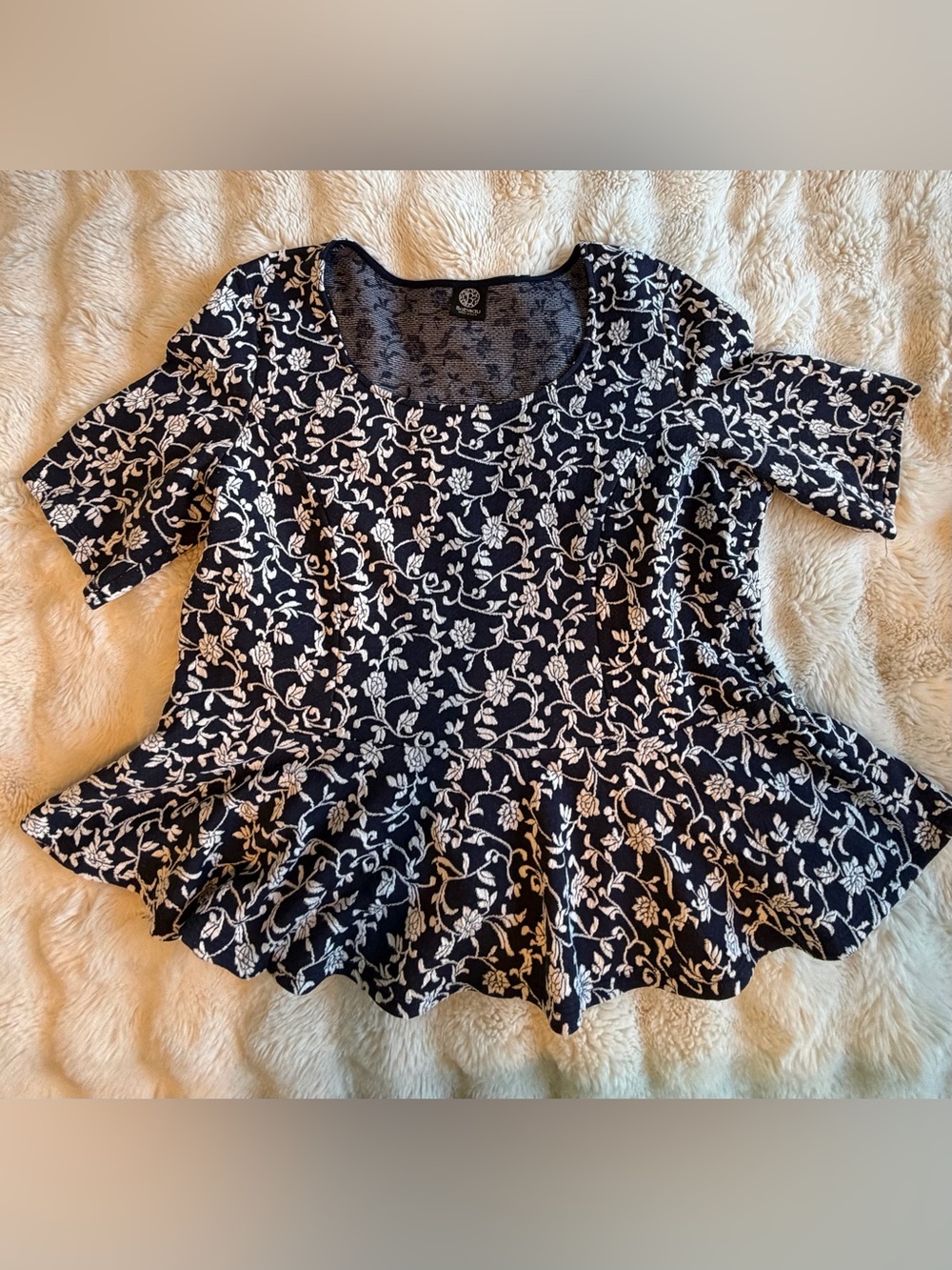 Bobeau 2X Navy White Floral Peplum Top Made in USA